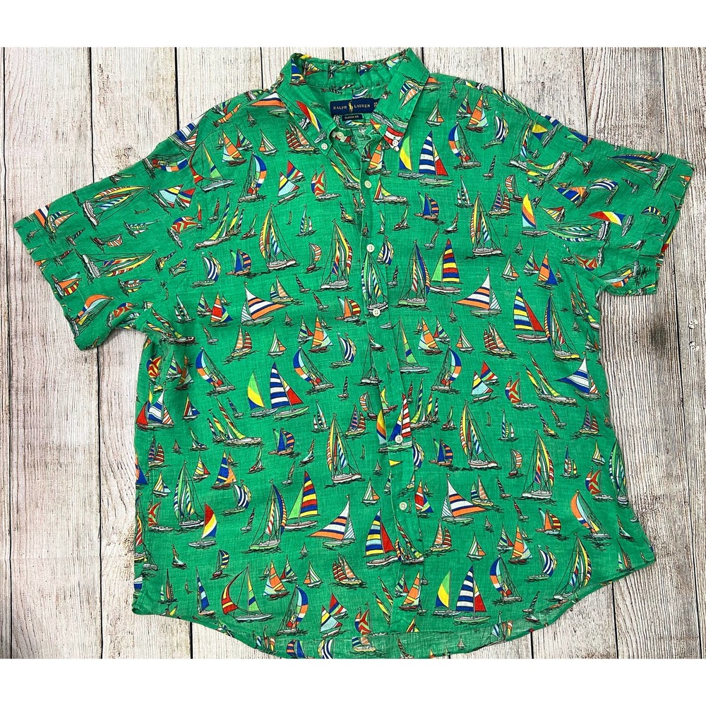 Ralph Lauren Summer Linen Button Down Shirt Green Boats Size XXL